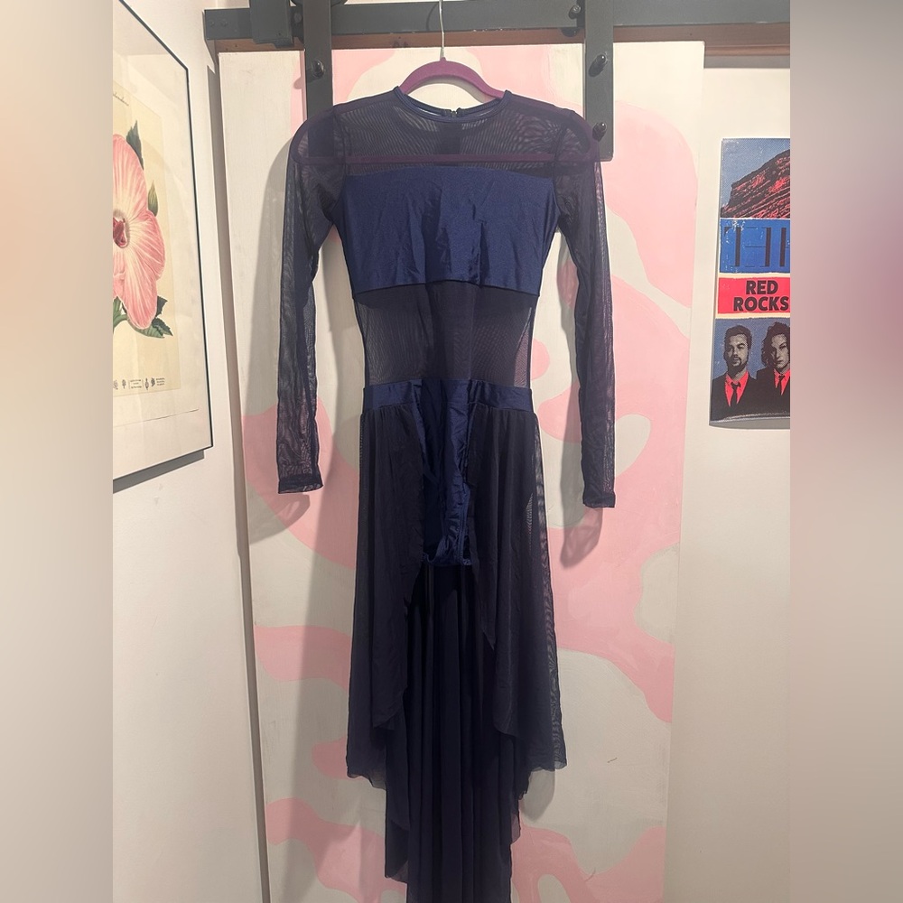 DOUBLE PLATINUM DANCE COSTUME NAVY BLUE AND MESH